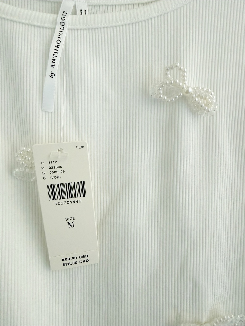 Anthropologie Ivory White Pearl Bow Ribbed Tank - Picture 4 of 7